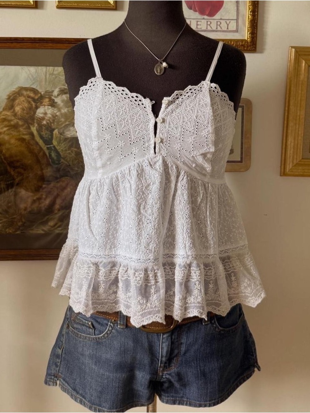Joie White Eyelet Lace Babydoll Cami Top